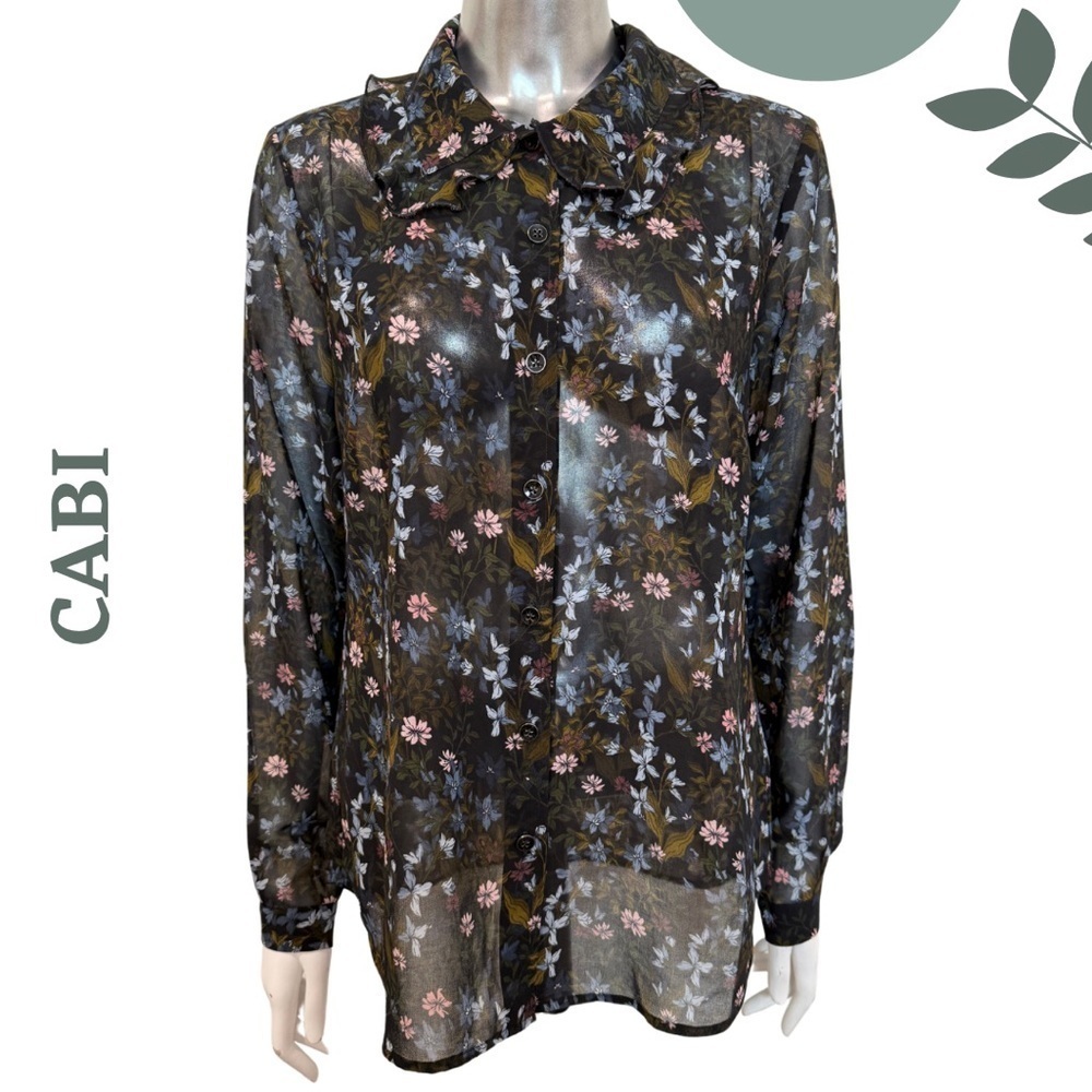 Cabi Women’s Sheer Floral Button-Down Floret Blouse Ruffle Collar – Size Small